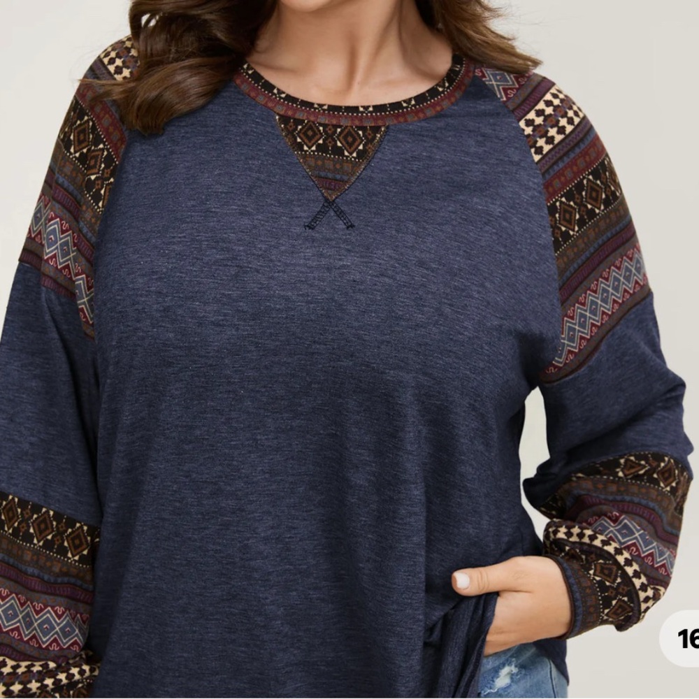 BloomChic Gray Top with Multicolor Patterned Sleeves
